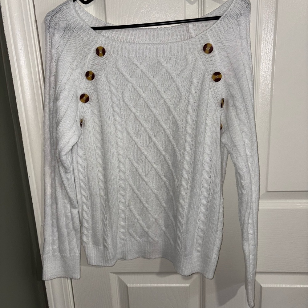 White Cable Knit Sweater with Button Accents